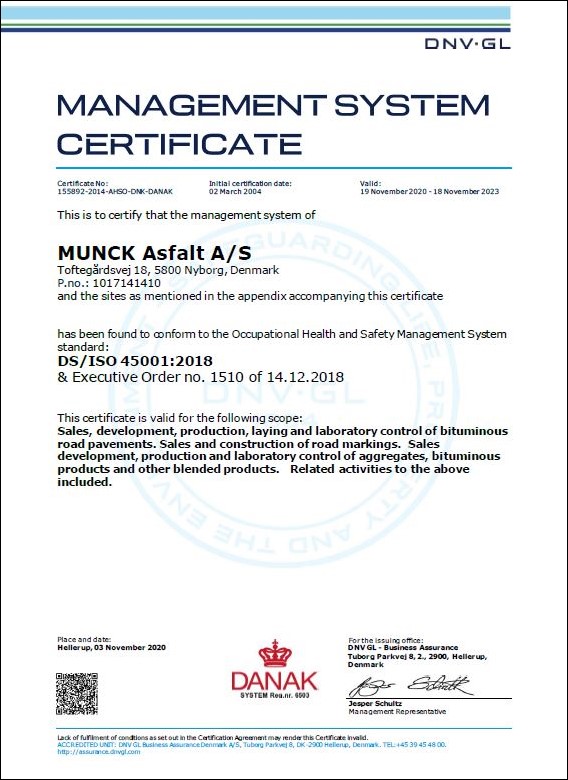 DS/ISO 45001:2018 - Munck Asfalt